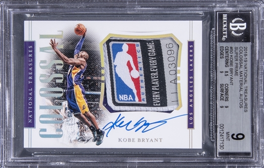 2018-19 Panini National Treasures “Colossal Material Autographs” Super Prime #50 Kobe Bryant Signed Game-Used Logoman Laundry Tag Patch Card (#1/1) - BGS MINT 9/BGS 10 